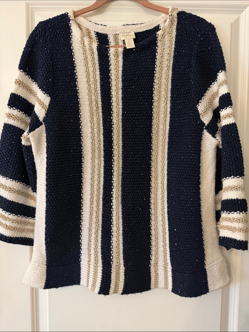 Chico’s Size 2 Gorgeous Knit Striped Sweater - Navy, Cream & Tan with shine